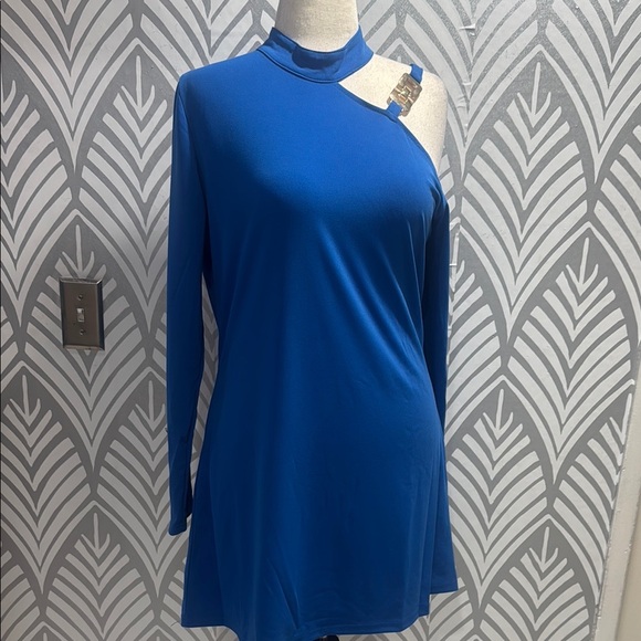 NWOT Vibrant Blue Mini Sheath Dress with Long Sleeves and Asymmetrical Neckline - Picture 1 of 10